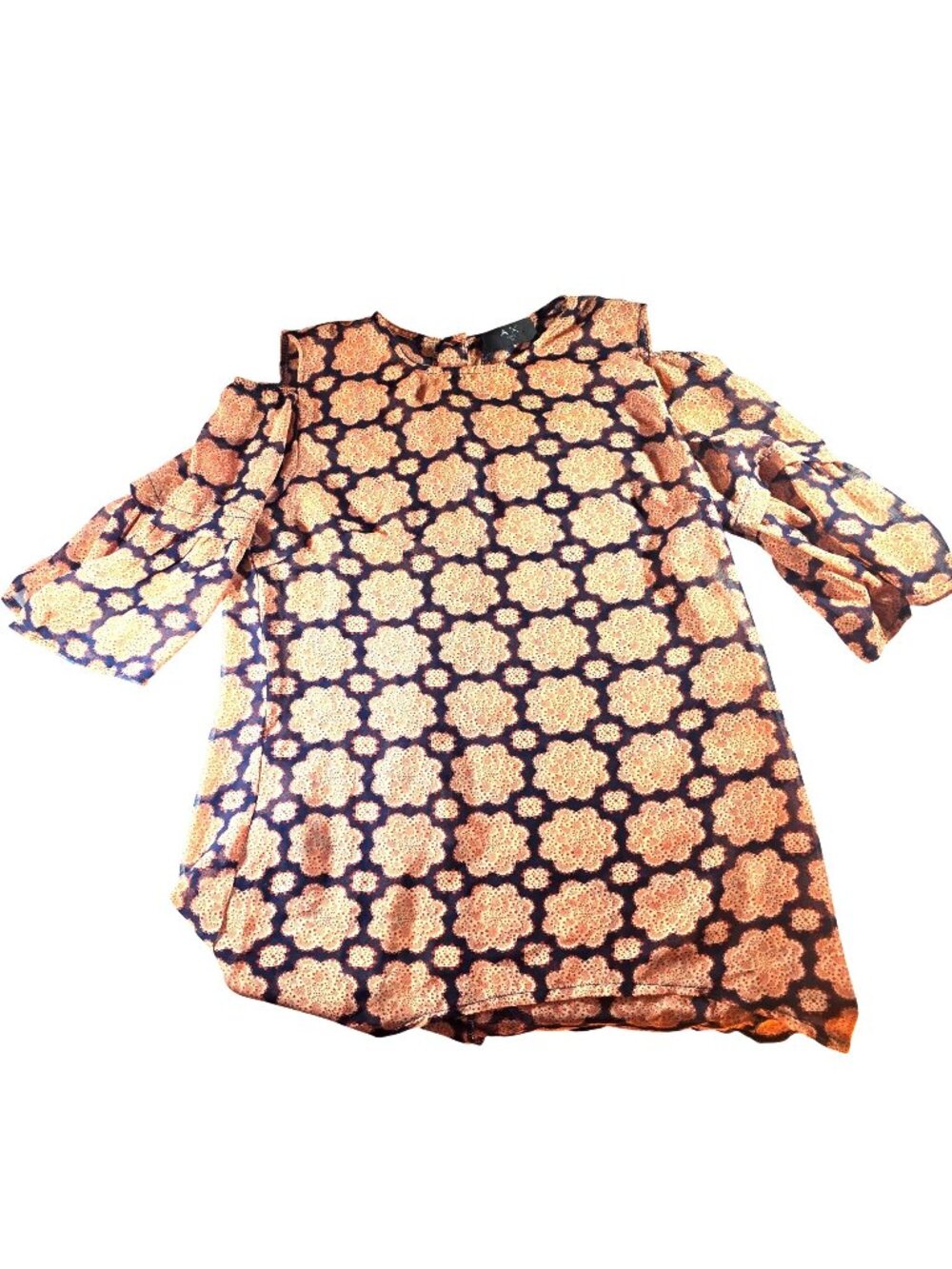 Womens Floral blouse back buttons shirt Cold Shoulder AX Paris sheer Sz 12
